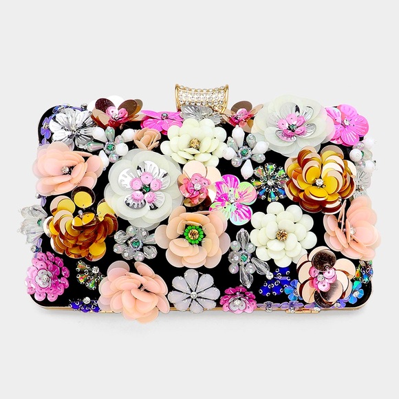 Handbags - Sequin 3-D Flower Embellished Clutch Evening Bag